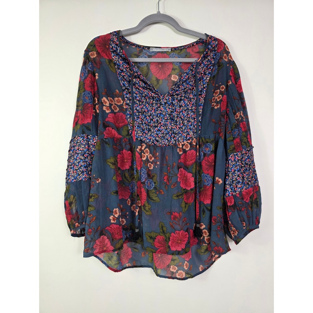 Daniel Rainn Floral Peasant Blouse Tassel Ties Size XL